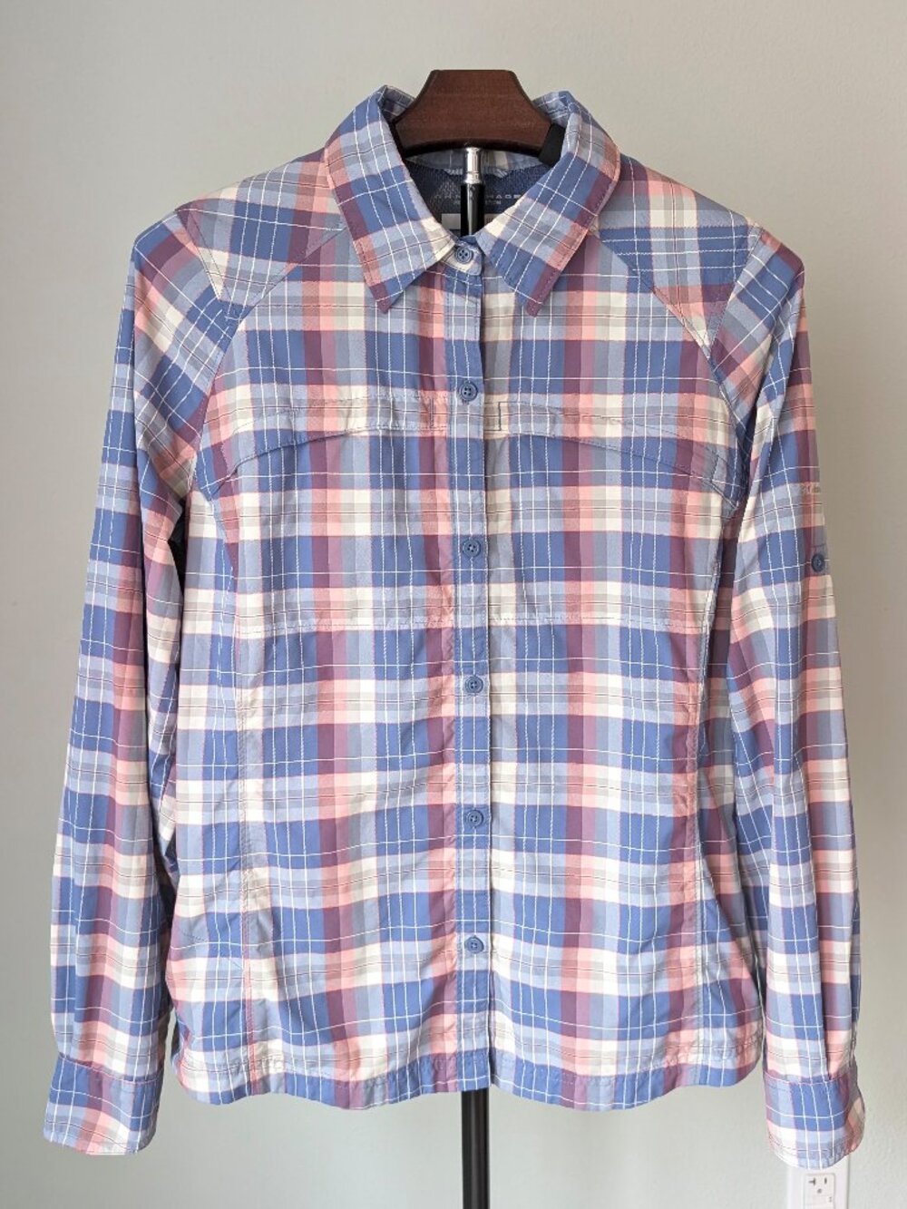Columbia Womens Plaid Omni-Shade Long Sleeve Shirt Roll Up Vented Hiking Trail L